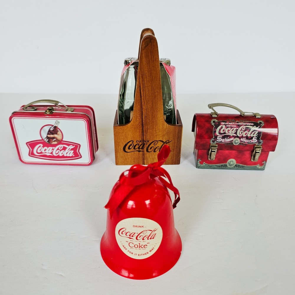 Vintage Coca-Cola Collectible Lot Wooden Caddy Shakers Mini Tins Bell Americana